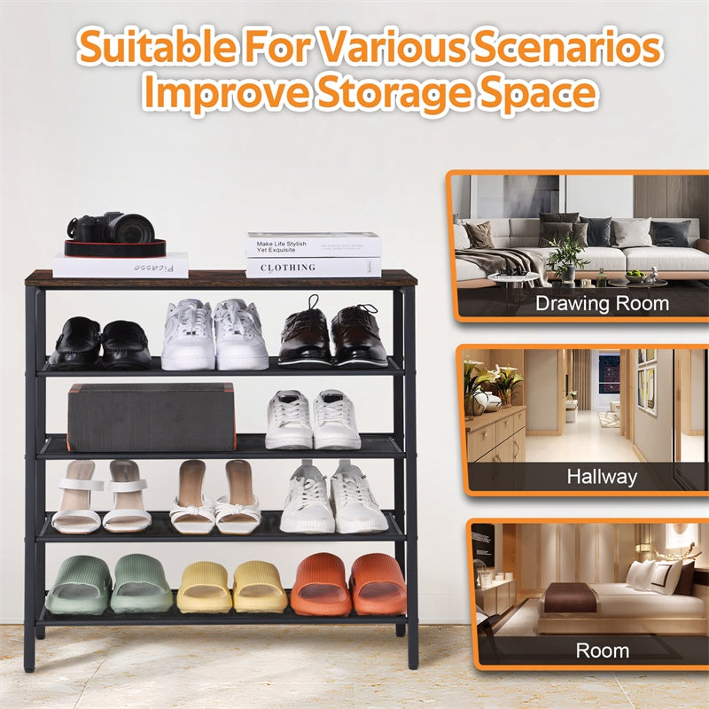 a shelf with shoes and a picture of a room