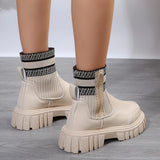 Women's Mid-Calf Boots with Zipper and Knitted Panels