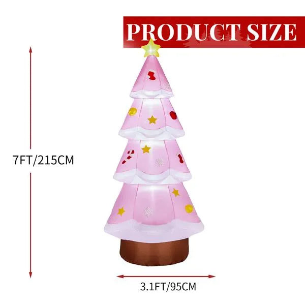 a pink christmas tree with a star and a red text