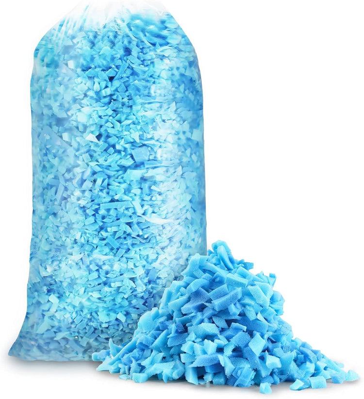 a bag of blue shredded material