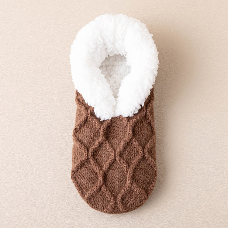 a brown and white knitted sock