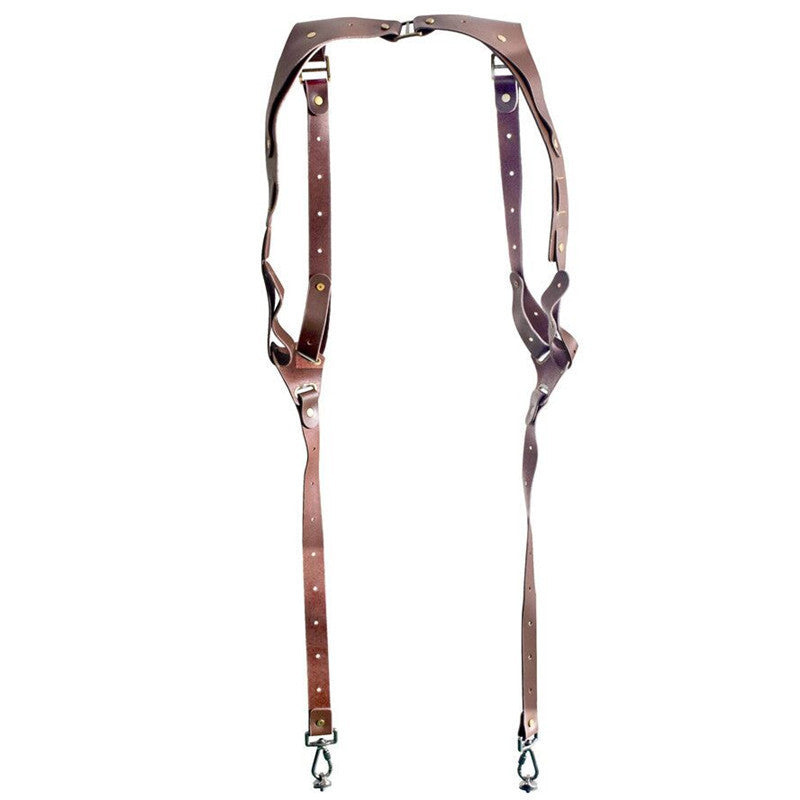 a brown leather suspenders with metal hooks