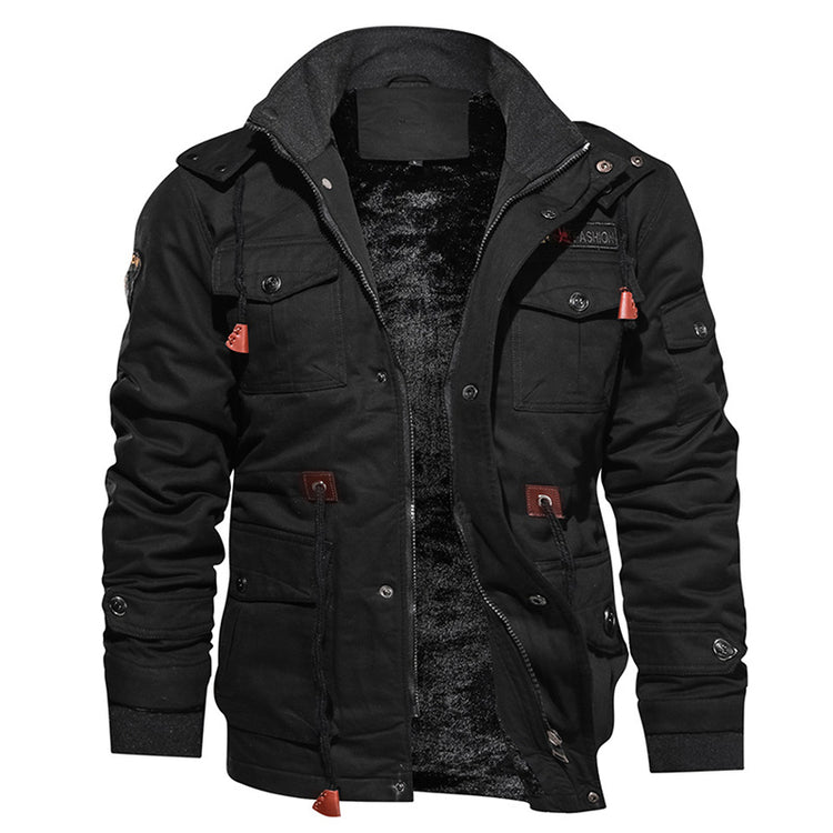 a black jacket with red buttons
