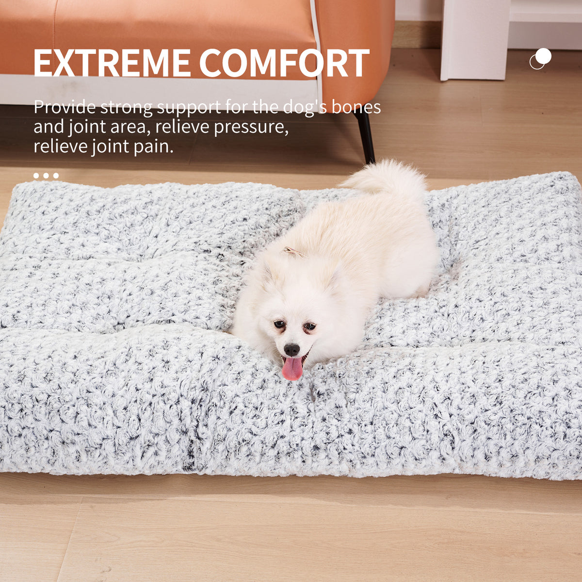 a dog lying on a dog bed