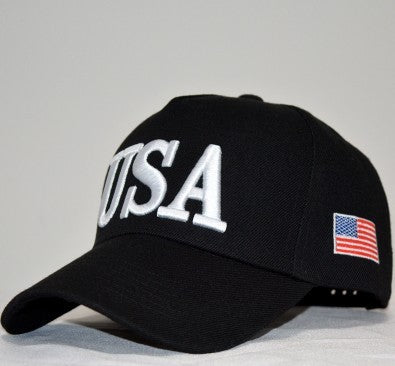 a black hat with white text and a flag