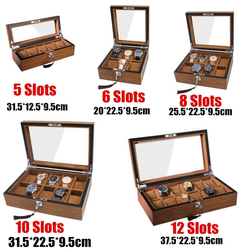 a collection of wooden boxes with different watches in them