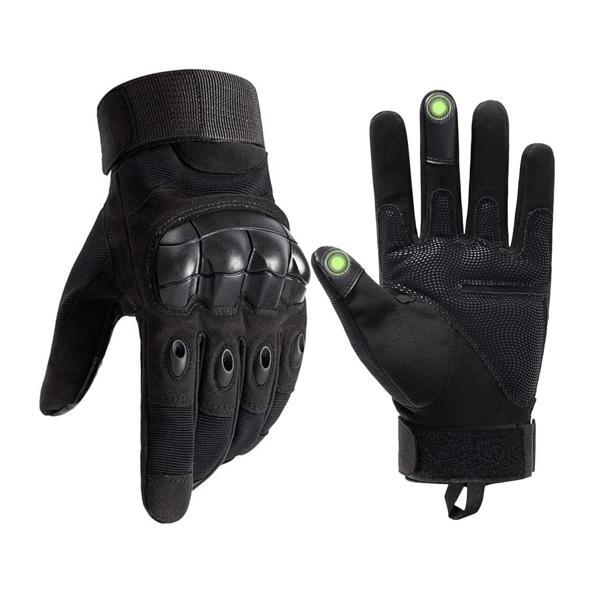 a pair of black gloves with a green finger pointing