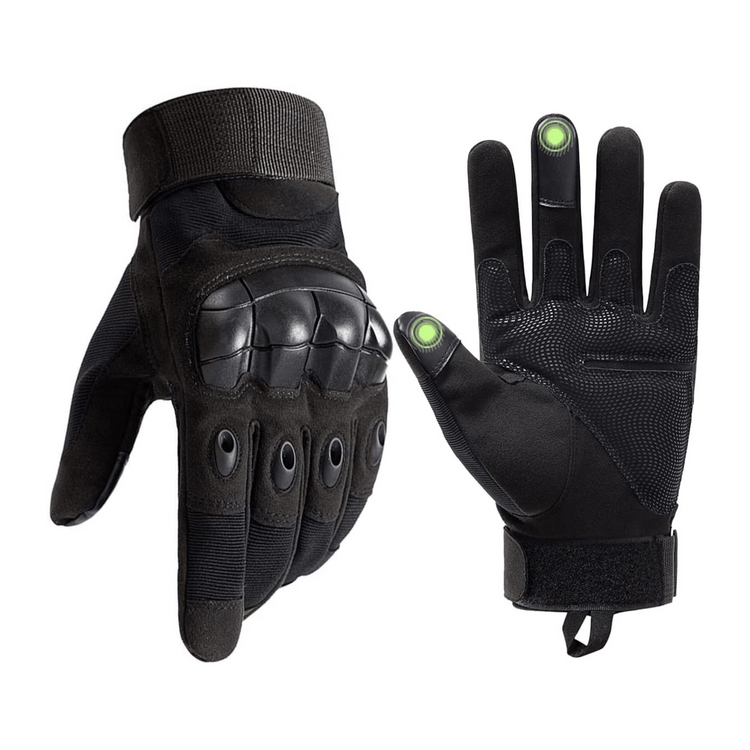 a pair of black gloves with a green finger pointing