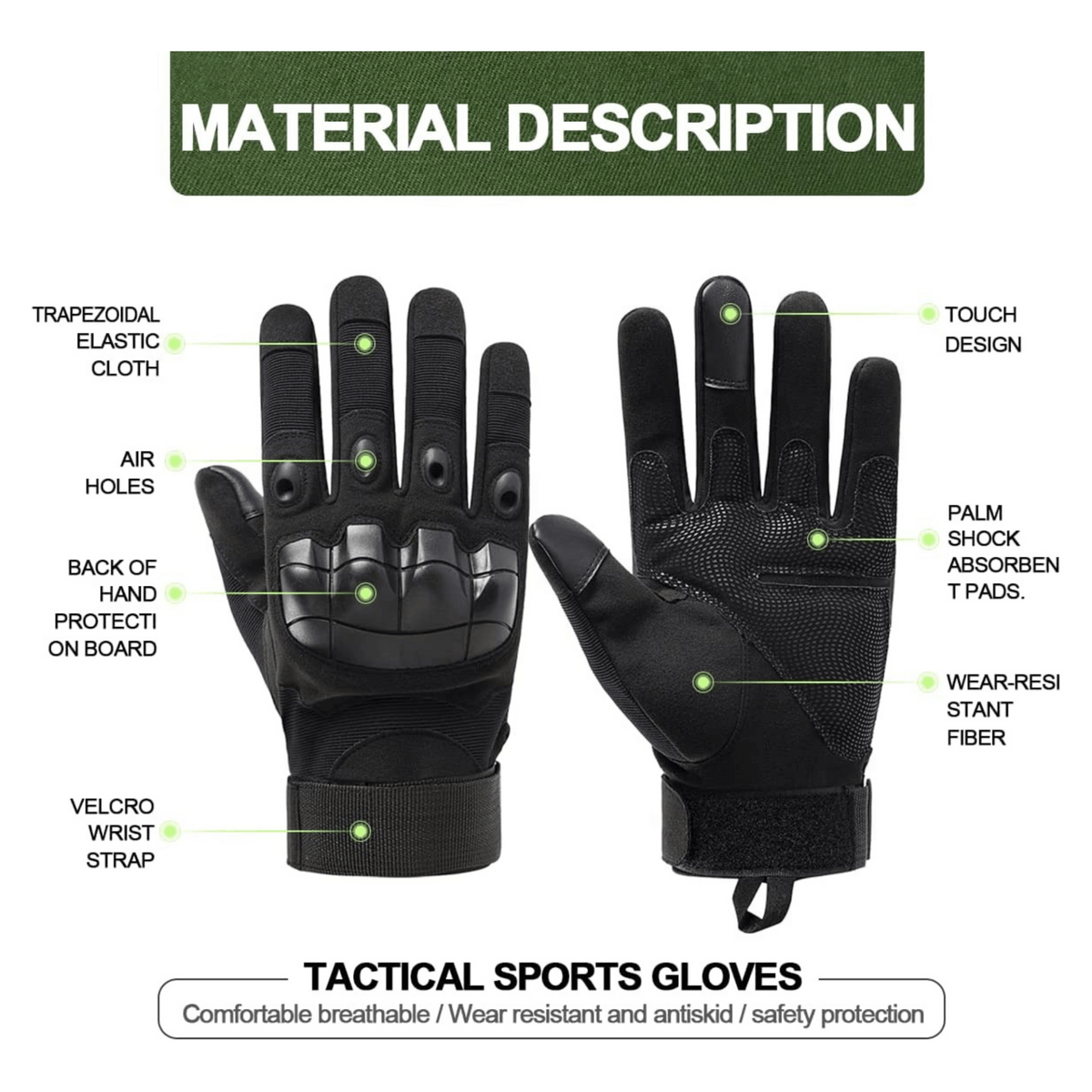 a pair of black gloves with green text