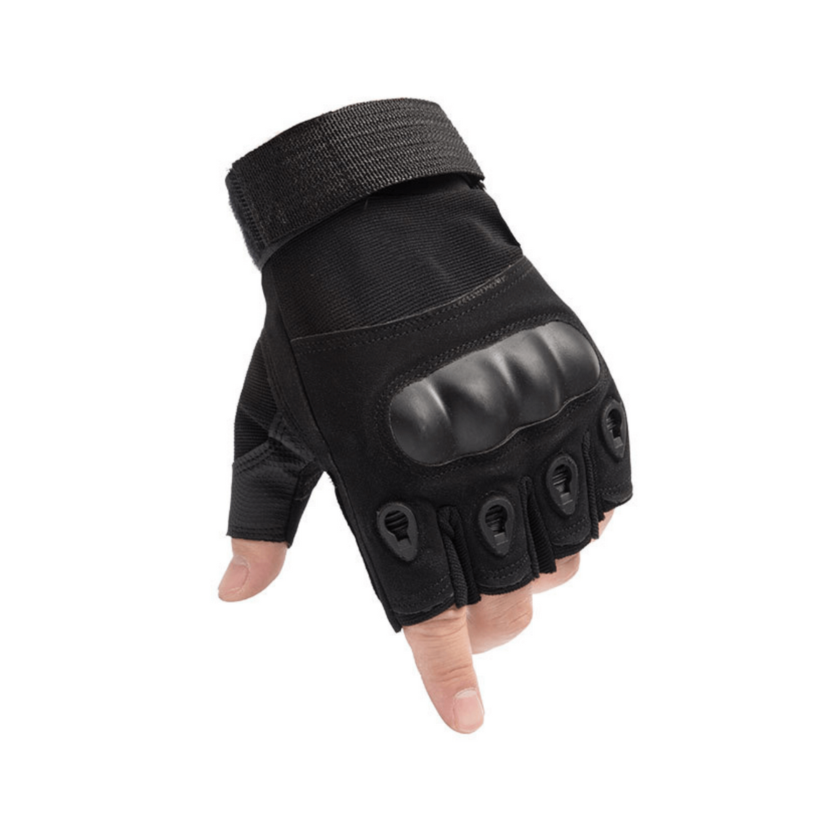a hand wearing a black glove