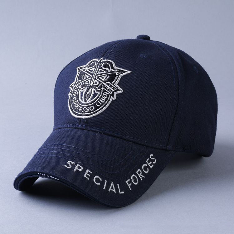 a blue hat with a logo on it
