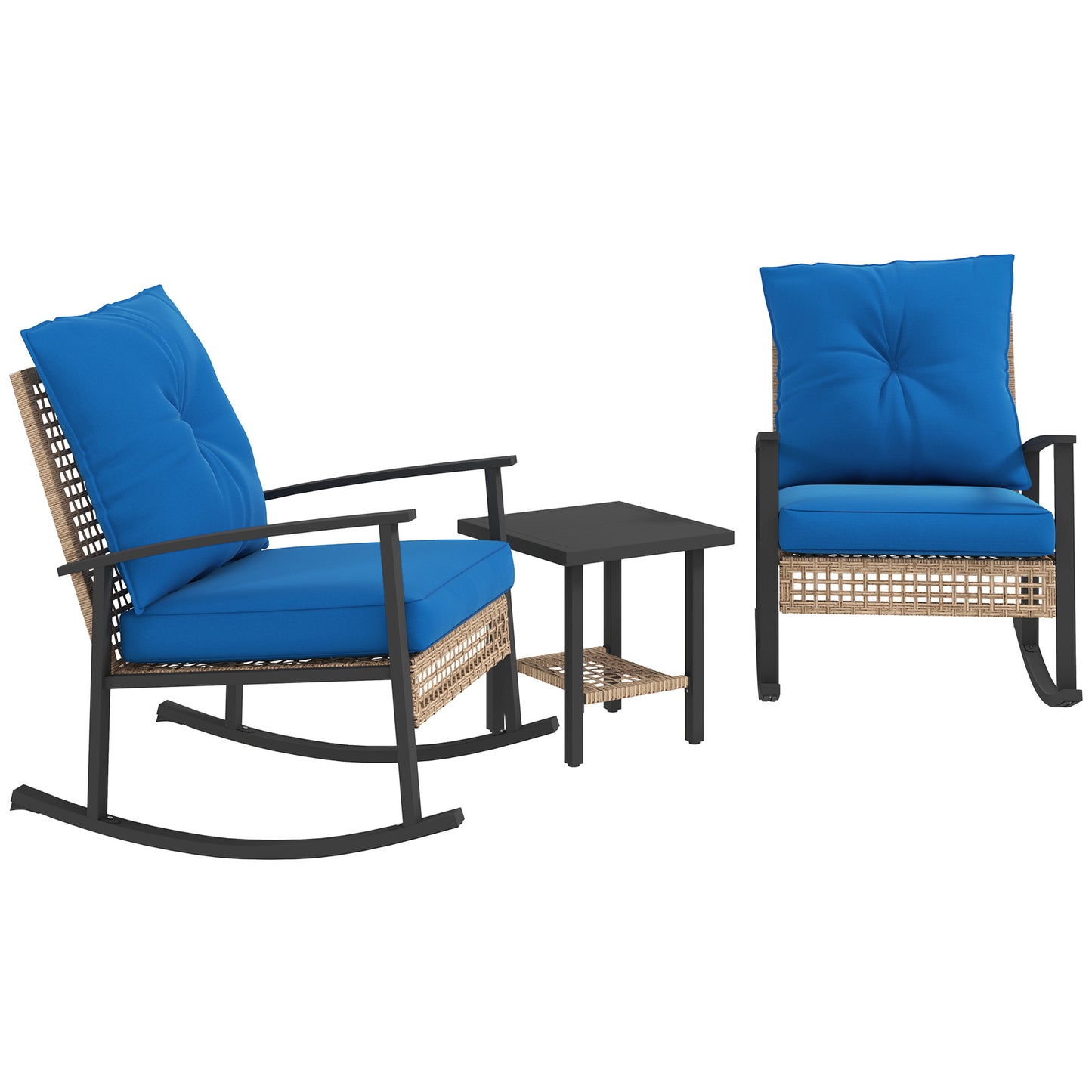 3 Pieces Bistro Set, Patio Wicker Furniture Set With Button Tufted Cushions, Rattan Rocking Chairs, Coffee Table, Blue