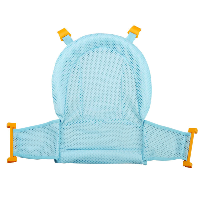 a blue baby seat with yellow handles