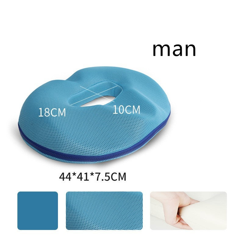 a blue pillow with a hole in the middle
