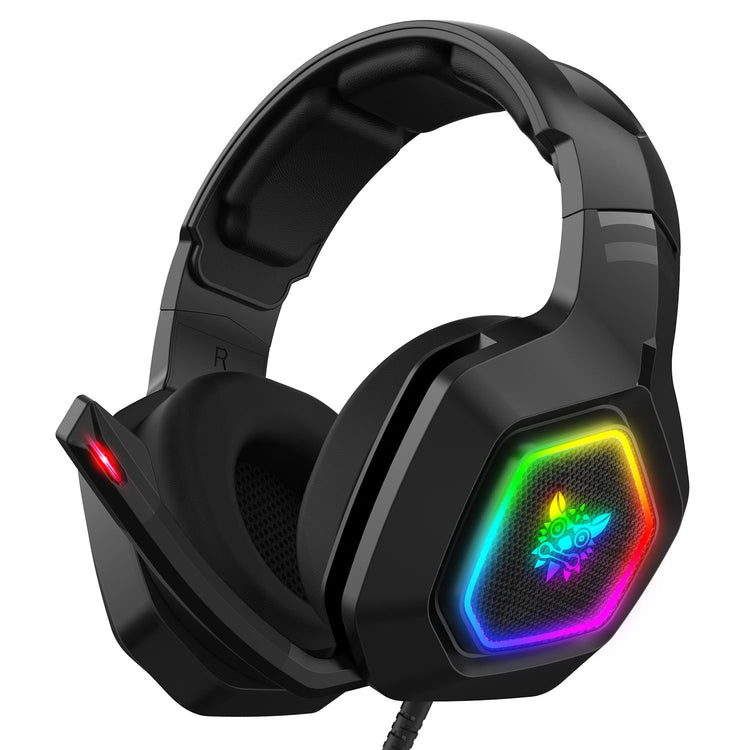 a black headphones with a colorful light