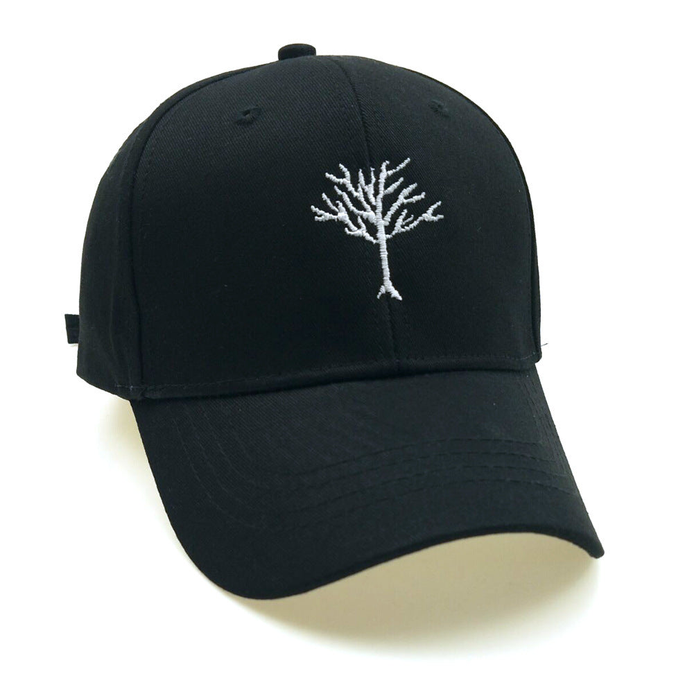a black hat with a white tree on it