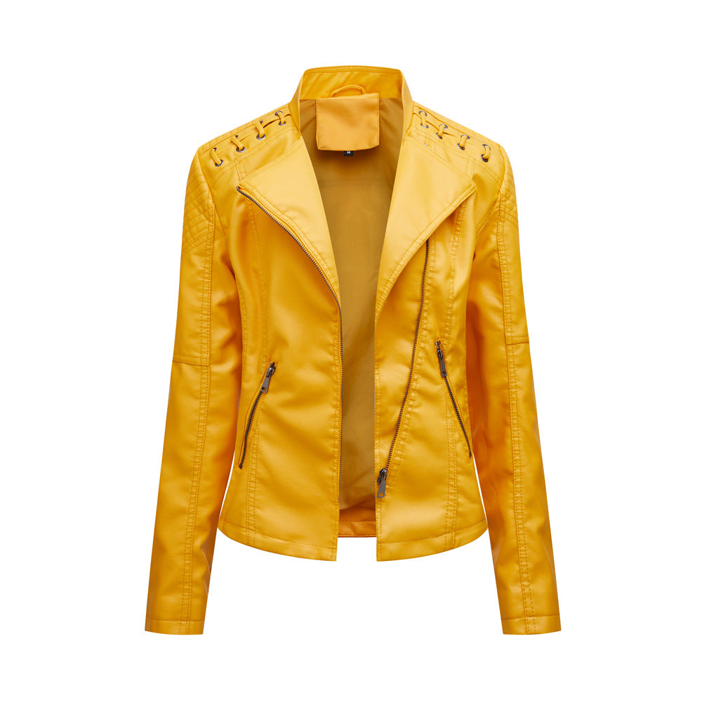 a yellow leather jacket with zippers