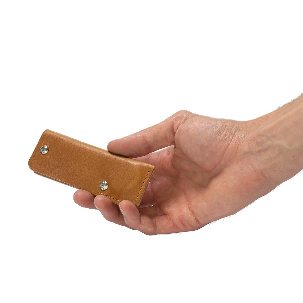 a hand holding a brown leather case