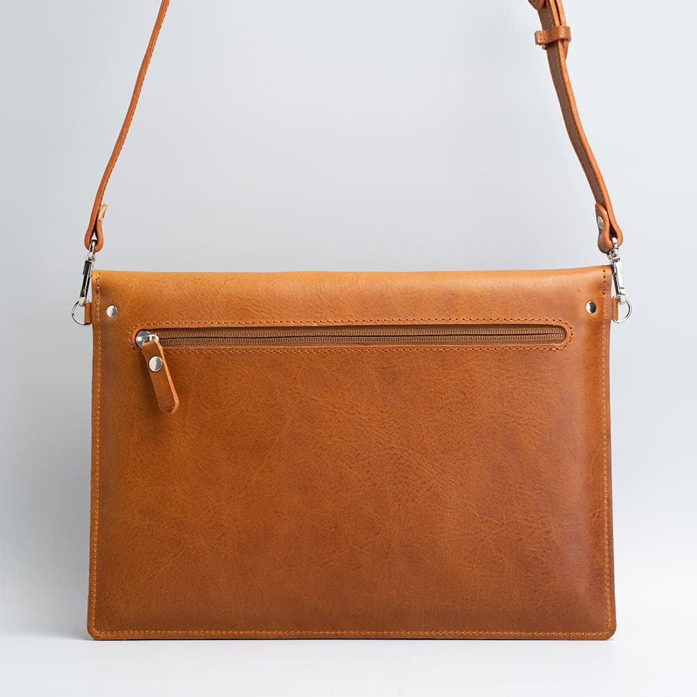 a brown leather bag with straps