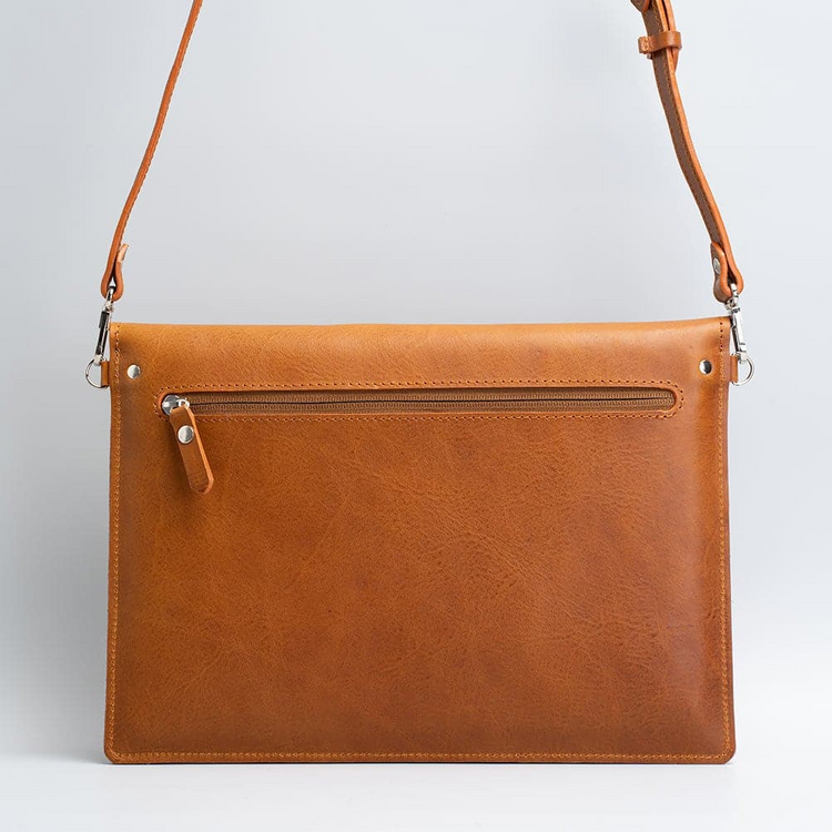 a brown leather bag with straps