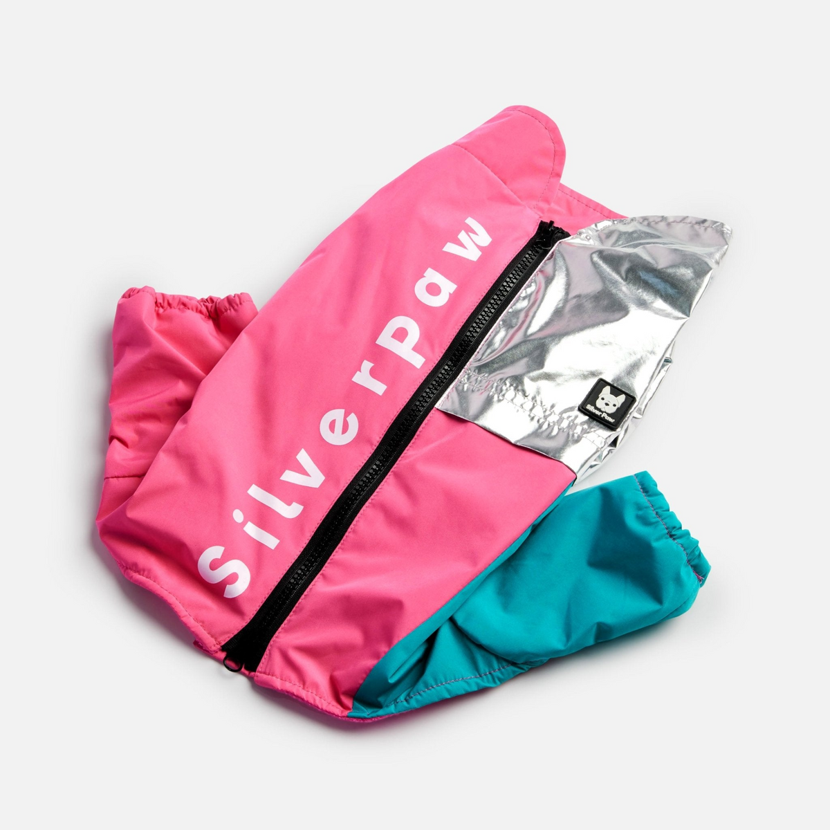 a pink and blue bag with white text