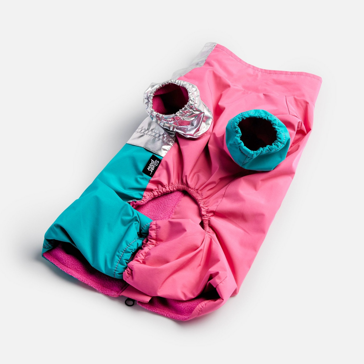 a pink and blue dog suit