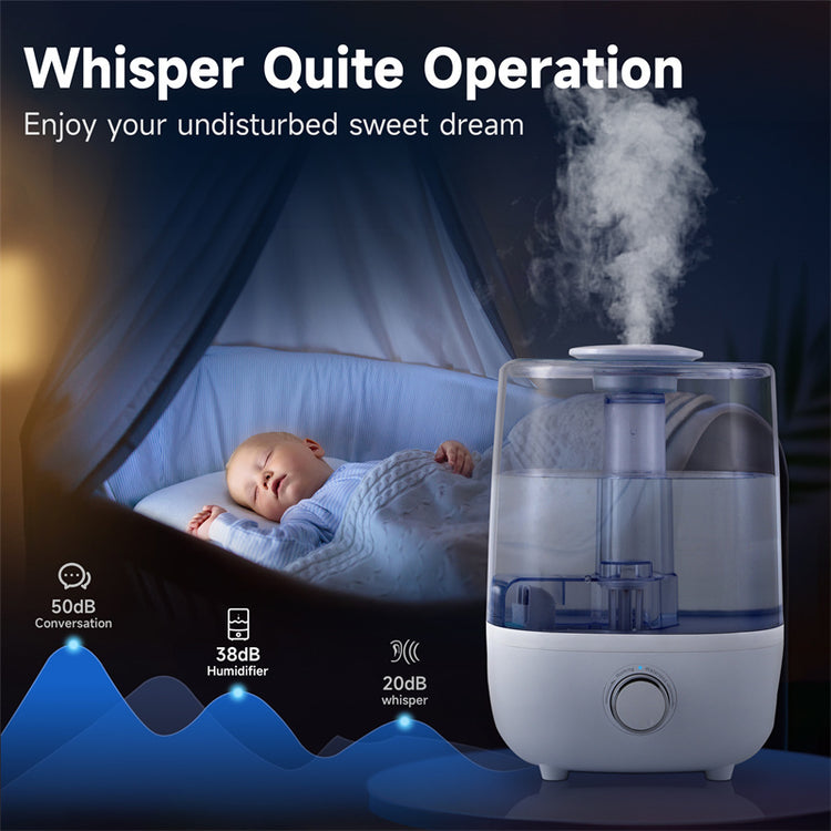 a baby sleeping in a bed with a humidifier