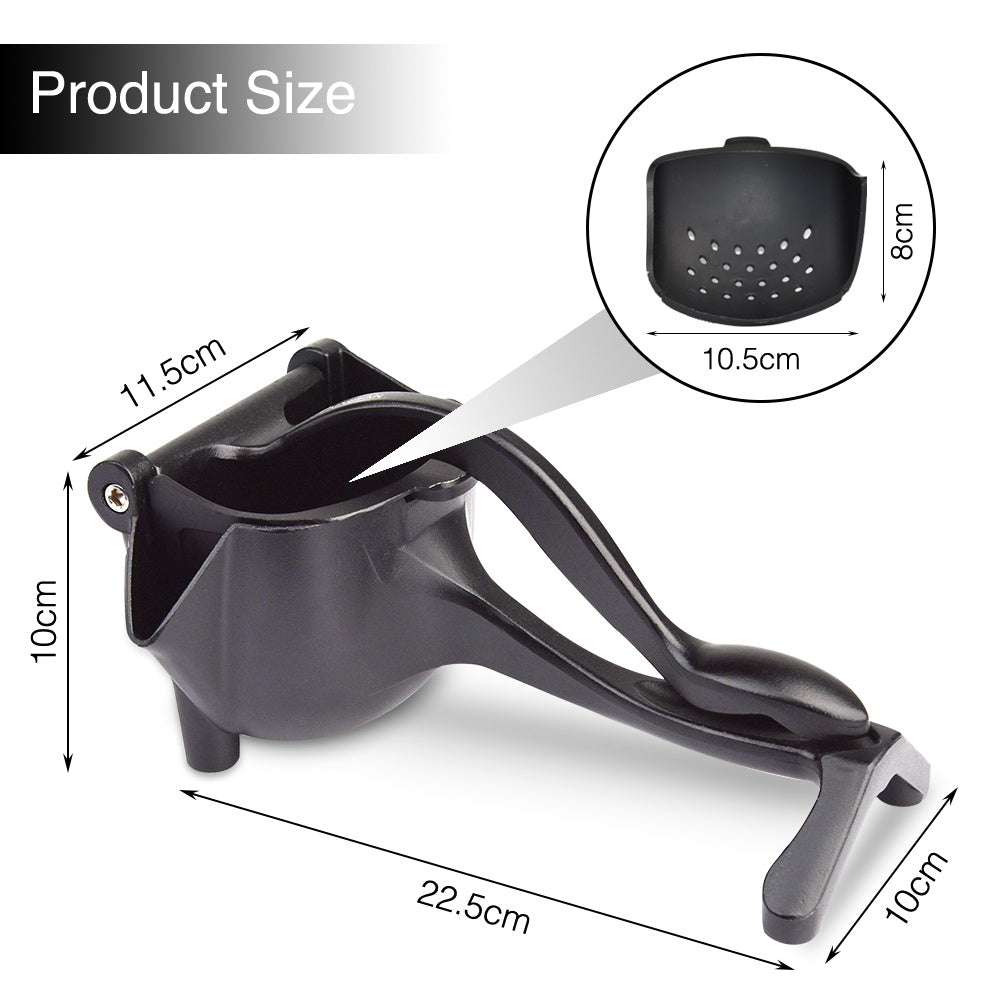 a black plastic juicer with measurements