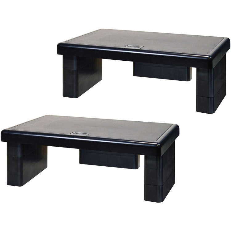 a pair of black plastic tables