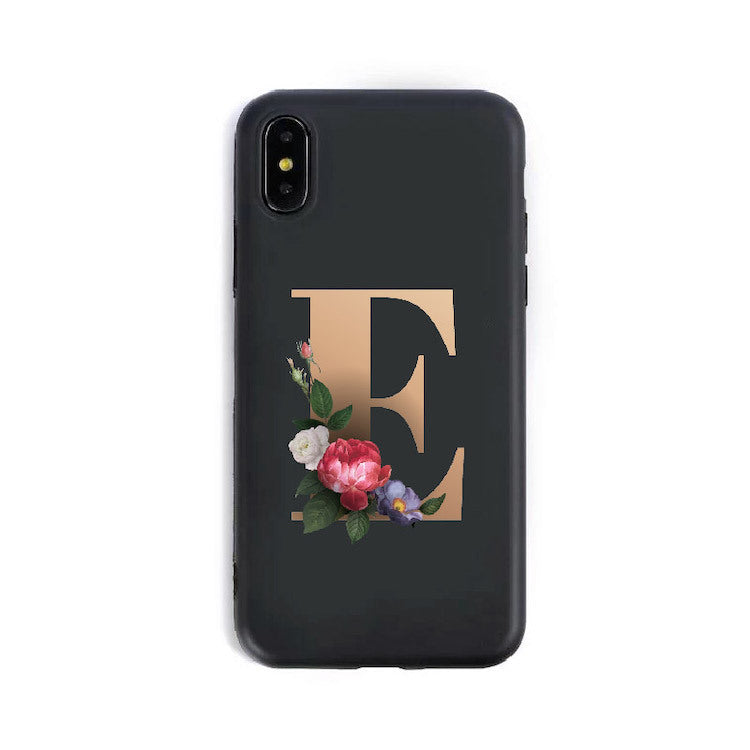 a black phone case with a letter on it