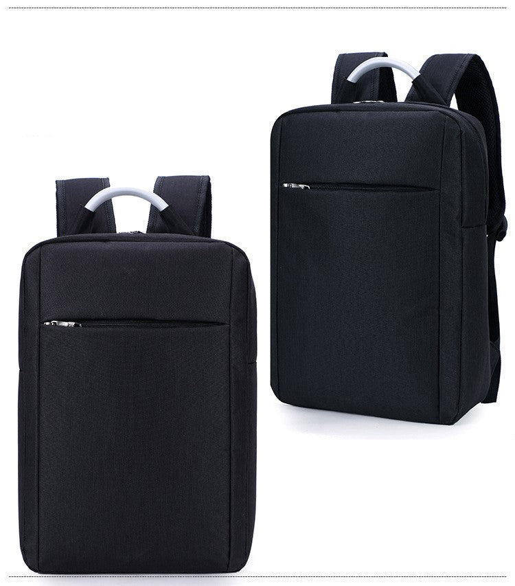 a black backpack with a white handle