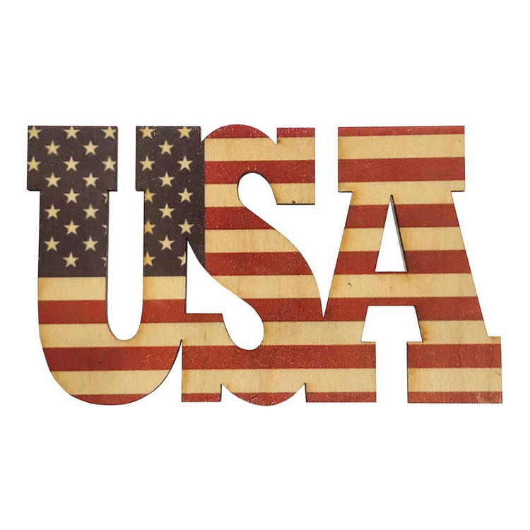 a wooden letters with a flag pattern