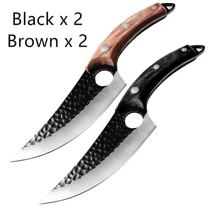 a group of knives with wooden handles
