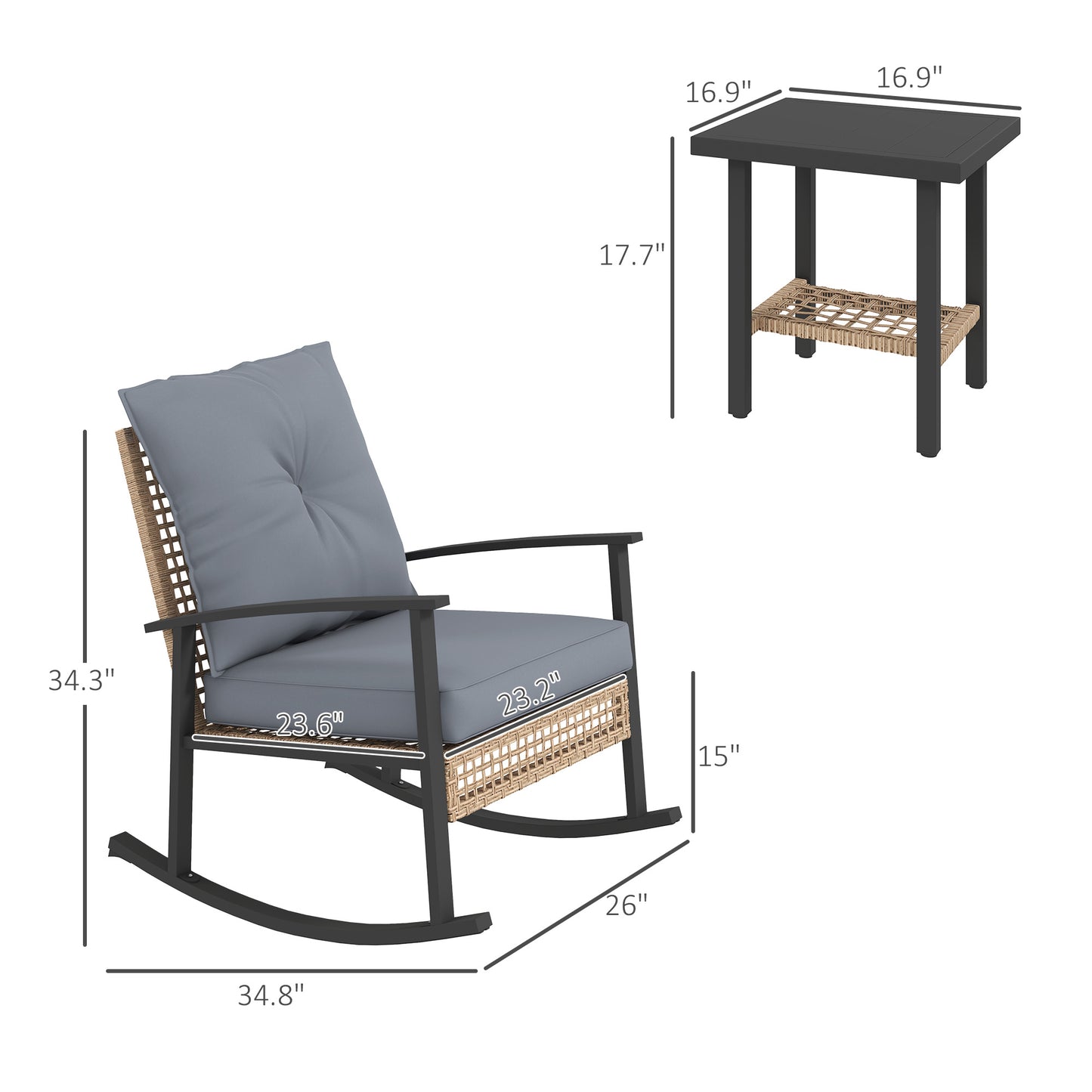 3 Pieces Bistro Set, Patio Wicker Furniture Set With Button Tufted Cushions, Rattan Rocking Chairs, Coffee Table, Gray