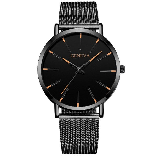 a black watch with a mesh band