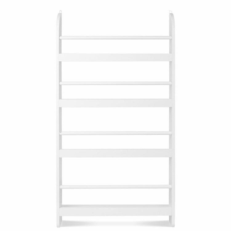a white shelf with six shelves