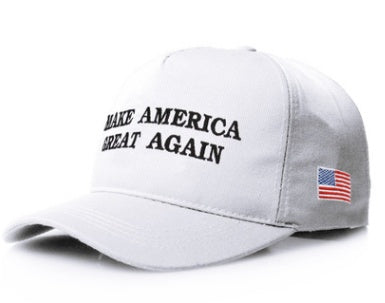 a white baseball cap with a flag on it