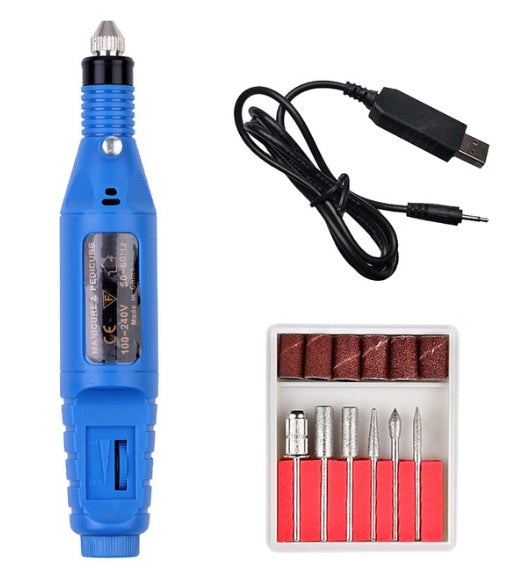 a blue electric drill and a box of bits