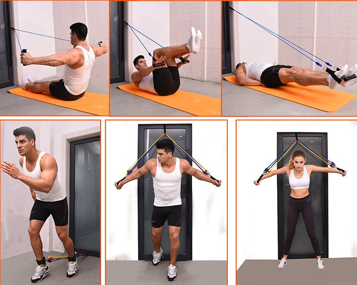 a collage of a man and a woman exercising
