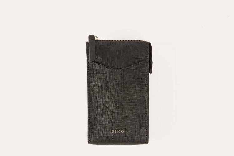 a black leather wallet with a zipper
