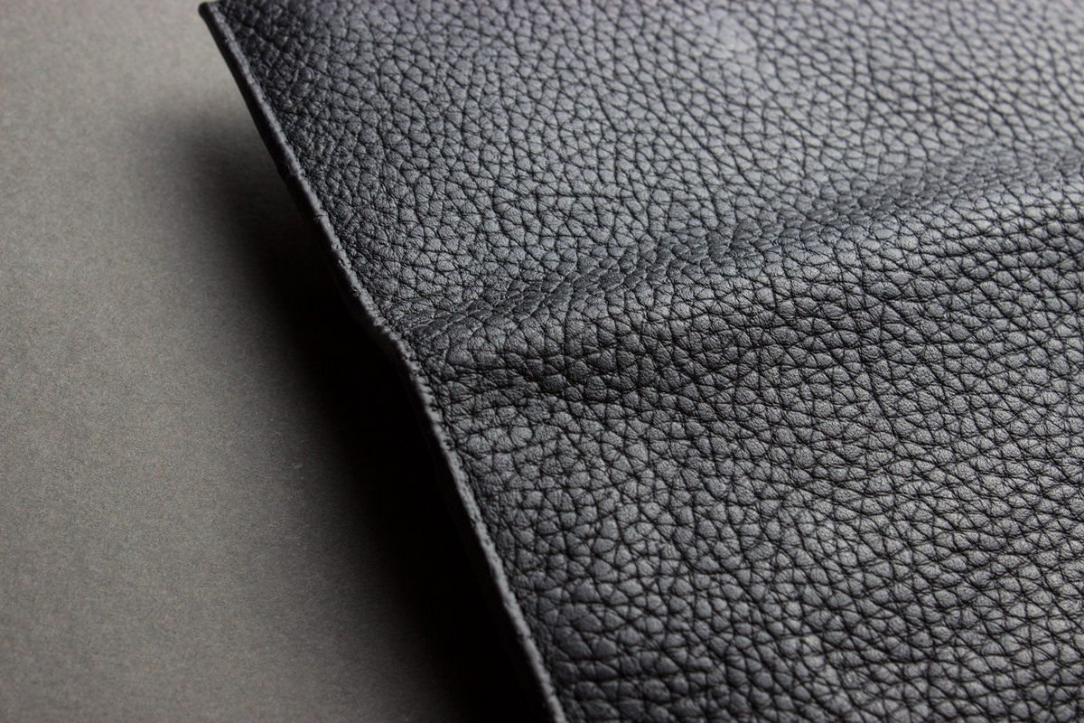 a close up of a black leather