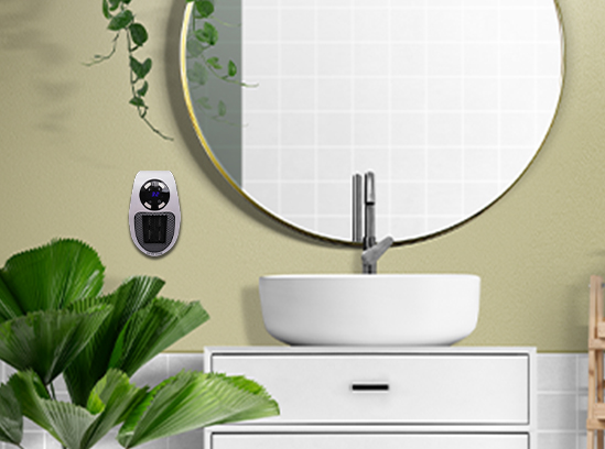 a bathroom with a round mirror and a sink