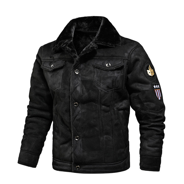a black jacket with patches on it