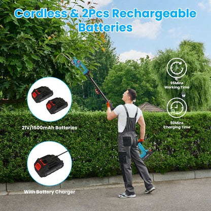 1Set Pole Mini Hedge Trimmer And Grass Shear Electric Cordless Handheld Hedge Trimmer With 90Degree Rotatable Head Telescopic Extension Pole Gloves Goggles 2Pcs 21V Batteries
