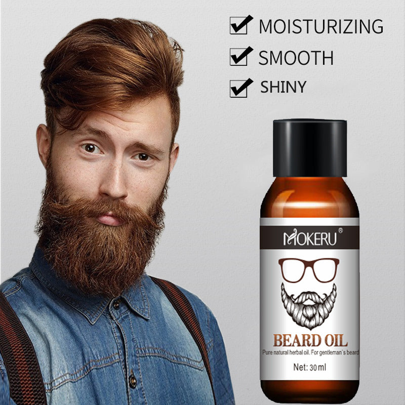 a man with a beard and a bottle of beard oil