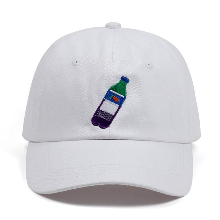 a white baseball cap with a bottle on it