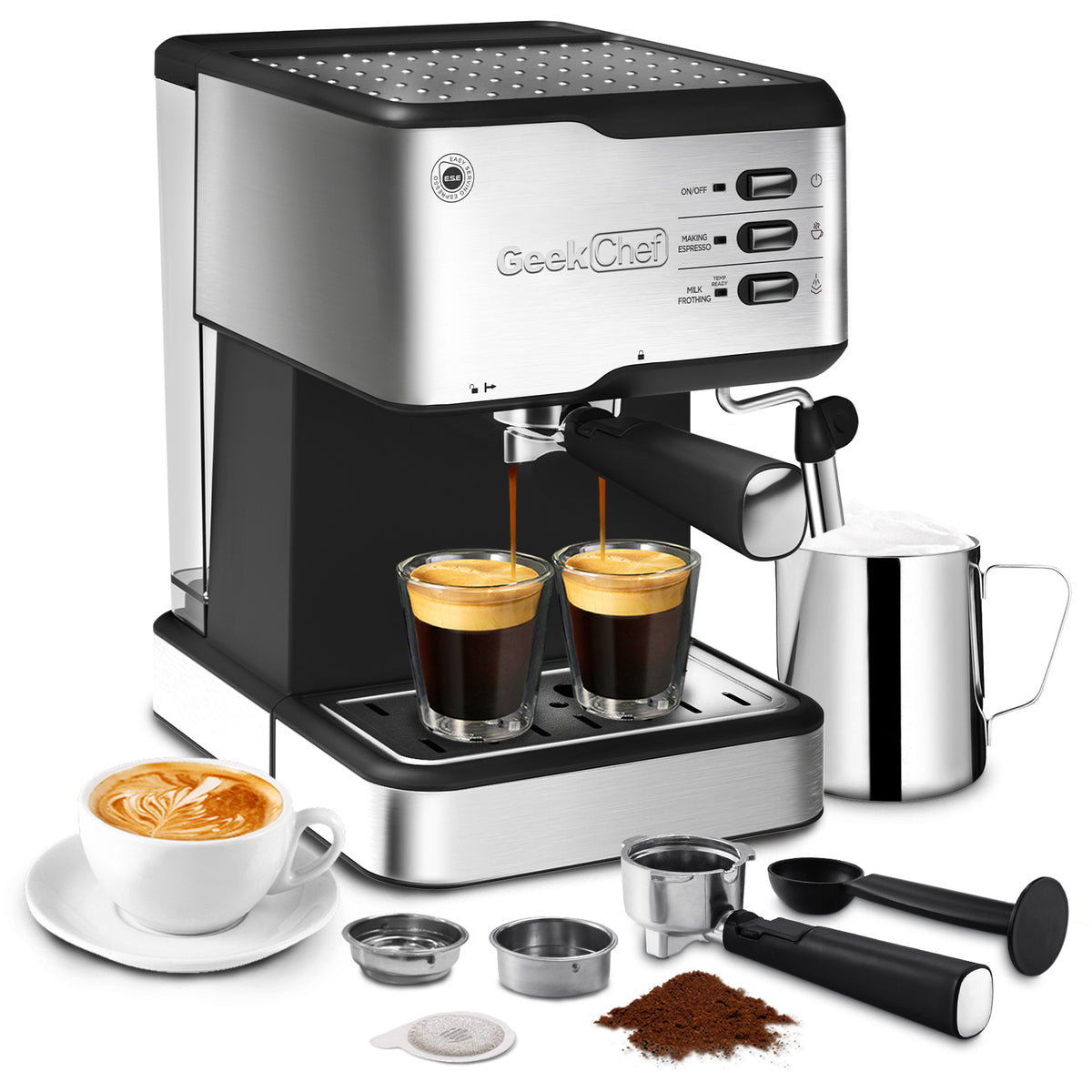 a coffee machine with cups of coffee and a pitcher