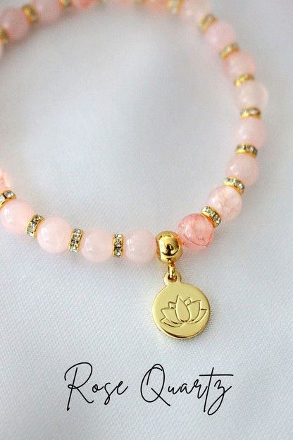 "Peace & Love" Rose Quartz - Amethyst Elastic Bracelet | 24K Lotus Flower Charm