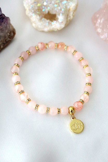 "Peace & Love" Rose Quartz - Amethyst Elastic Bracelet | 24K Lotus Flower Charm
