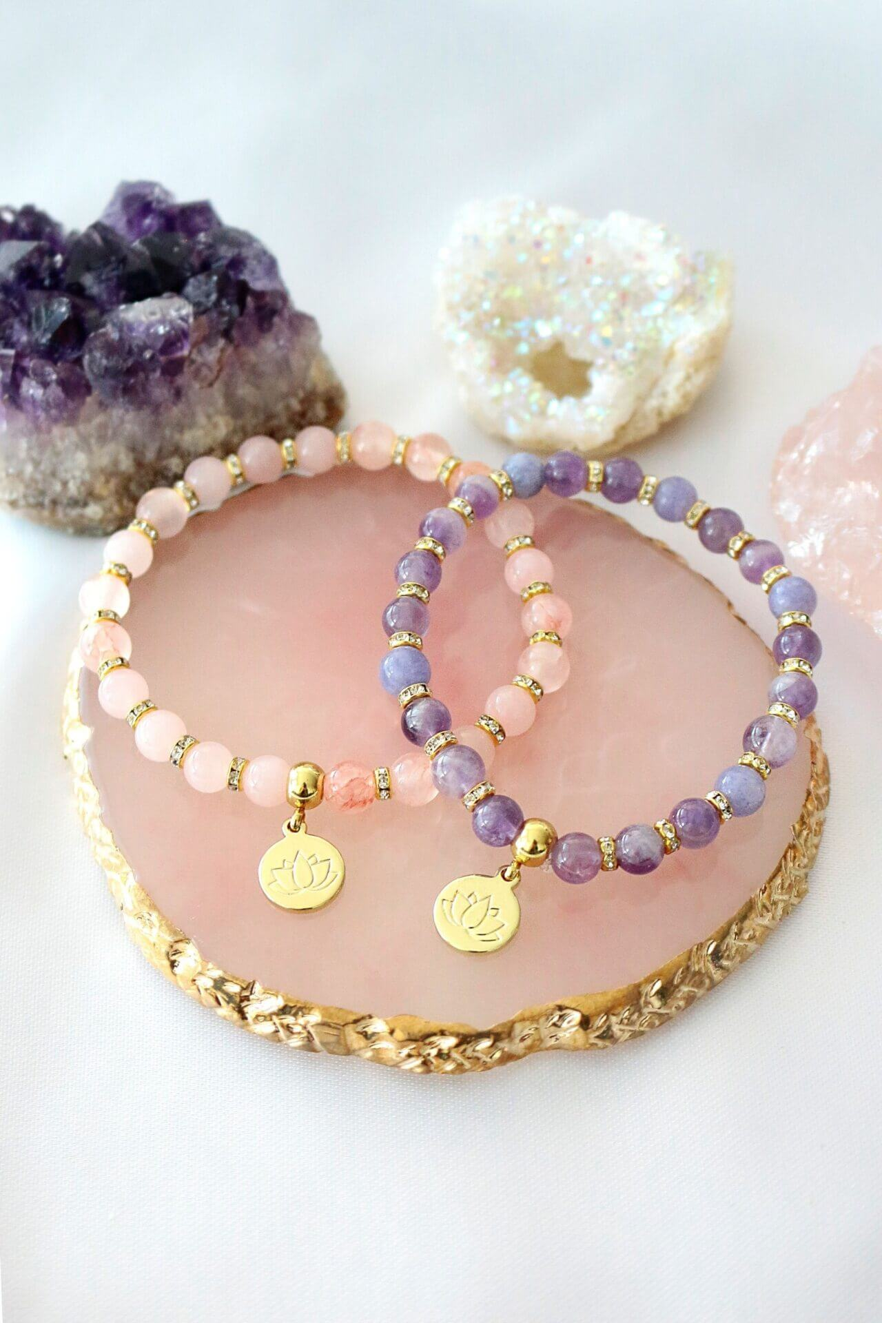 "Peace & Love" Rose Quartz - Amethyst Elastic Bracelet | 24K Lotus Flower Charm